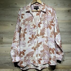 Tahari Size LG Linen Tunic Top Roll Tab Sleeve Button-Up Tropical Leaves Coastal